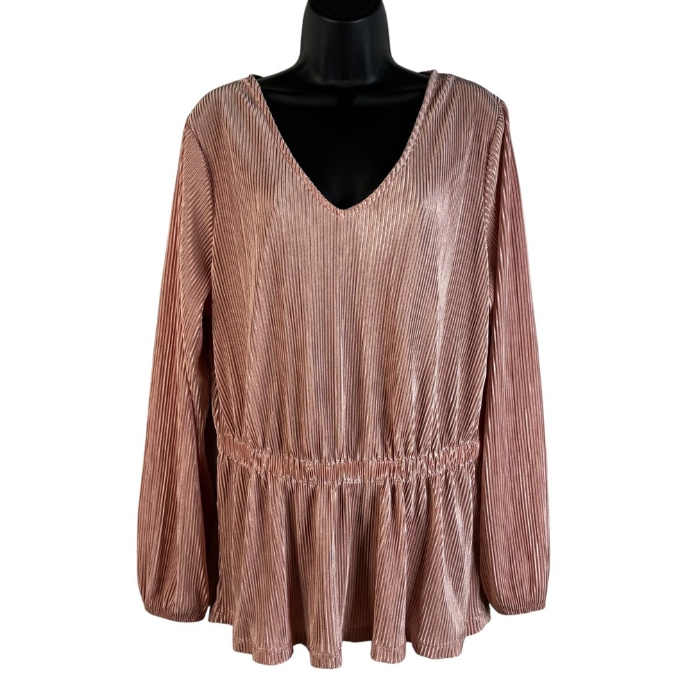 Lane Bryant 14/16 Women's Pink Satin Pleated Blouse Elastic Waist Long Sleeve